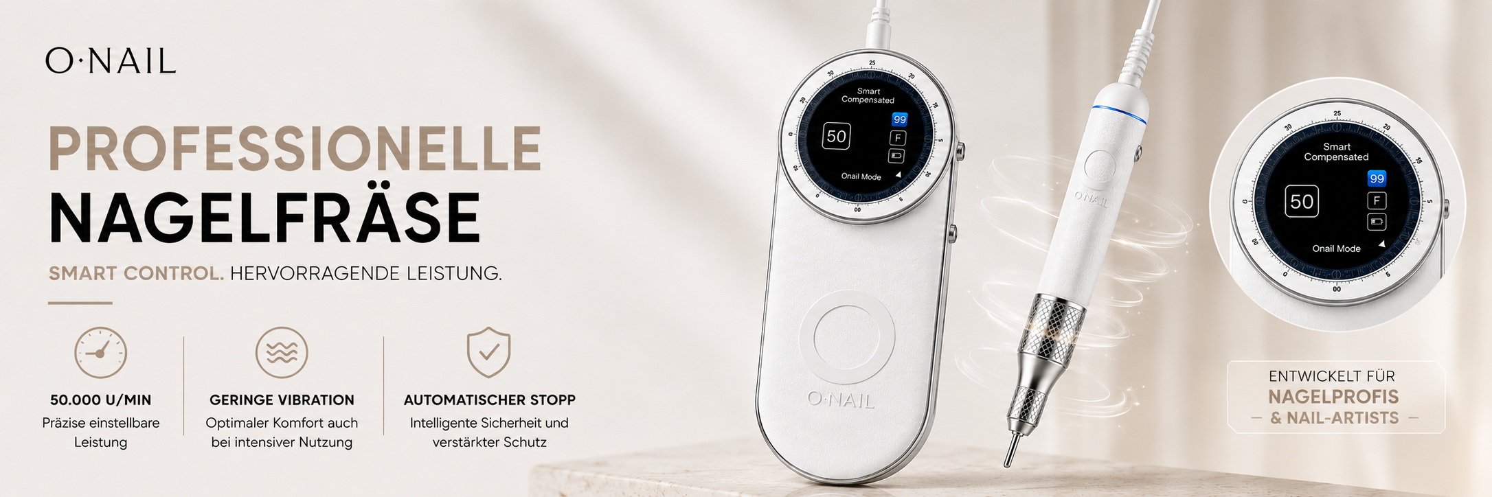 ONAIL - Professionelle Nagelfräse mit Smart Control, 50.000 U/min, geringer Vibration und automatischem Stopp